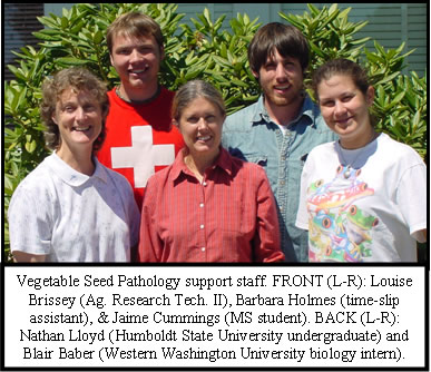A group photo with the text Vegetable Seed Pathology support staff. Front (L-R): Louise Brissey (Ag. Research Tech II), Barbara Holmes (time-slip assistant), & Jaime Cummings (MS student). Back (L-R): Nathan Lloyd (Humbolt State University undergraduate) and Blair Baber (Western Washington University biology intern).
