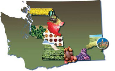 An outline of the state of Washington with images of regional crops.